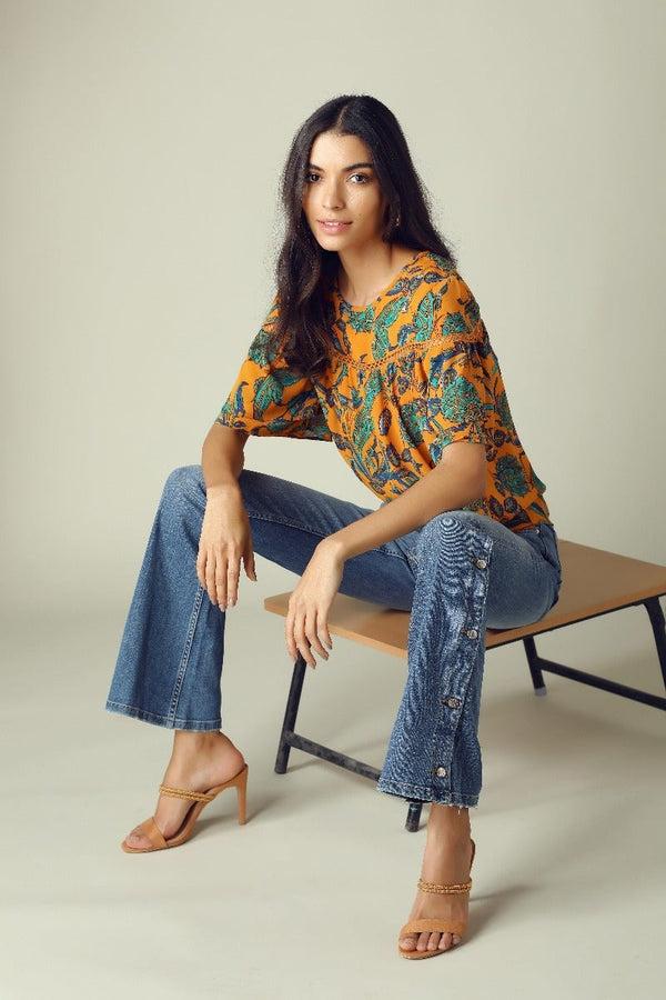 gipsy GIPSY Womens Round Neck Printed Top Yellow