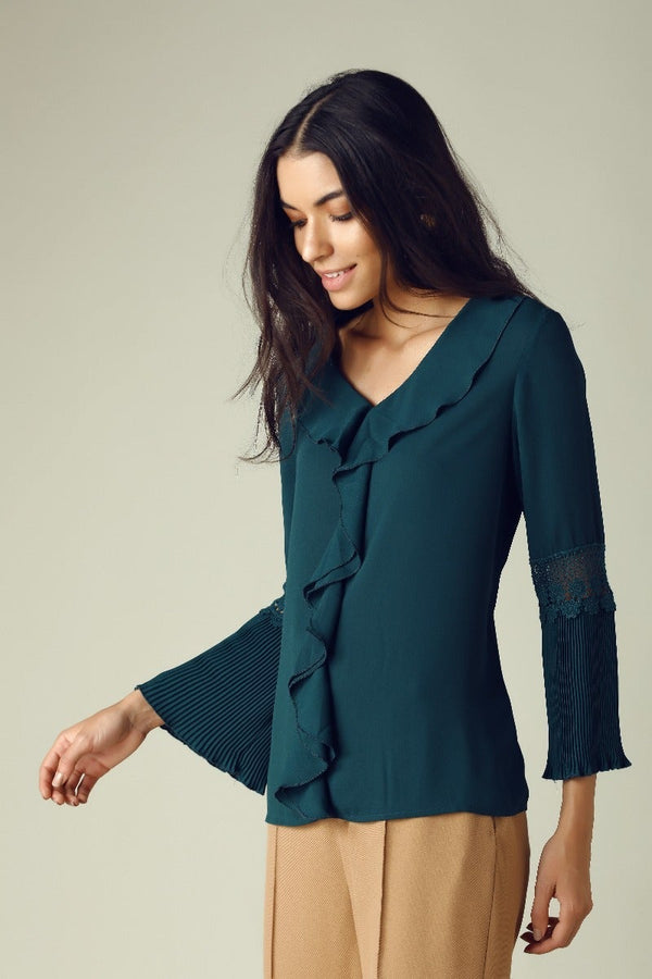 gipsy GIPSY Womens V Neck Solid Top Green