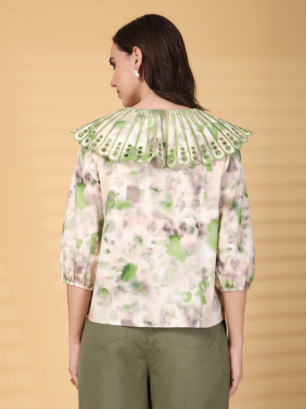 Gipsy Gipsy Green Berta Embroidered Pigmented Cotton Blouse