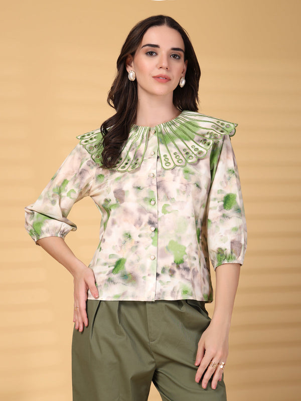 gipsy Gipsy Green Berta Embroidered Pigmented Cotton Blouse