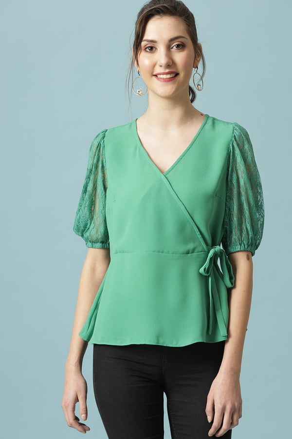 gipsy Gipsy Green Medium Length V-Neck Polyester Blouse Green