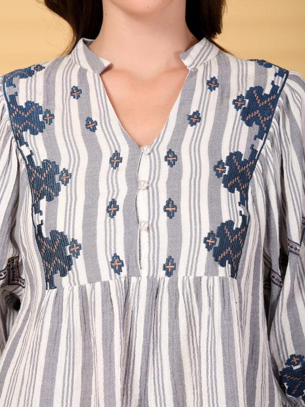 Gipsy Gipsy Grey Embroidered Double Cloth Cotton Blouse