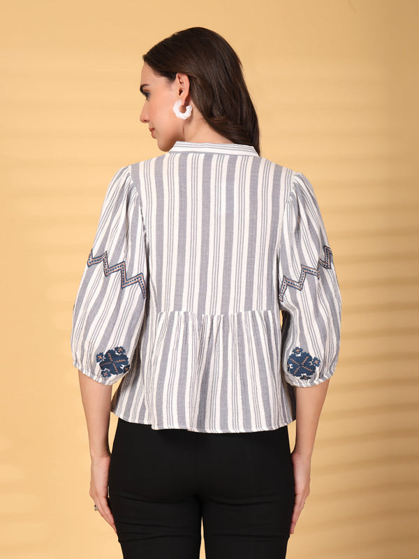 Gipsy Gipsy Grey Embroidered Double Cloth Cotton Blouse
