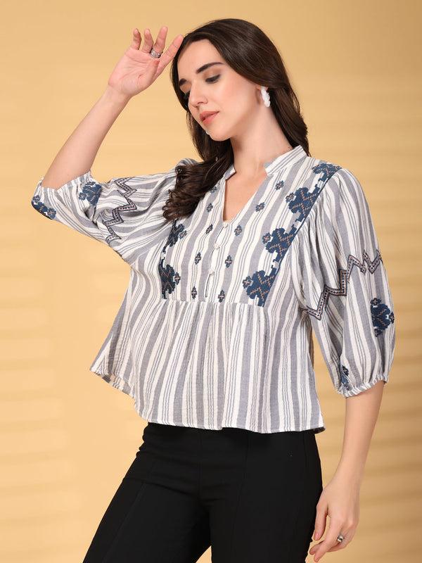 Gipsy Gipsy Grey Embroidered Double Cloth Cotton Blouse