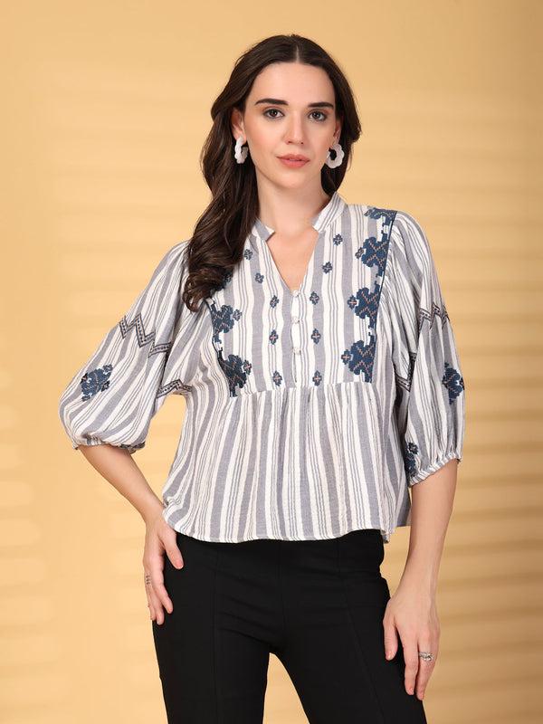 gipsy Gipsy Grey Embroidered Double Cloth Cotton Blouse
