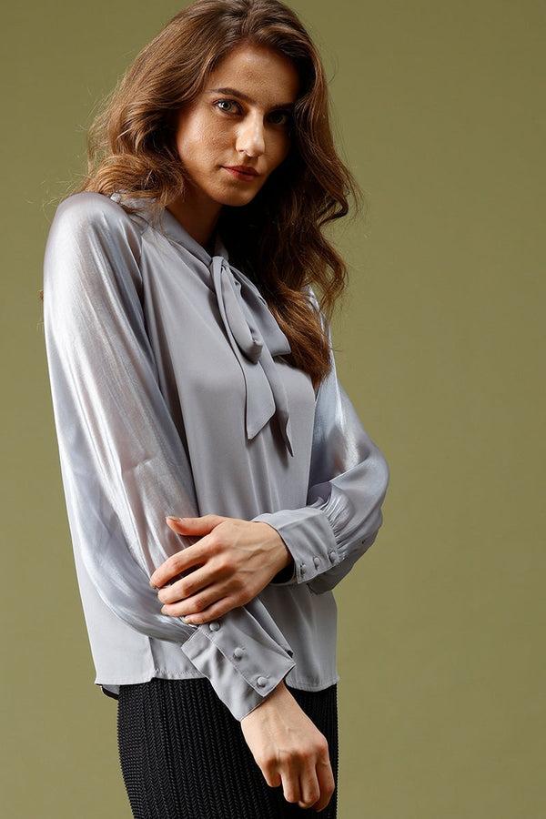 Gipsy Grey Medium Length Tie-Up Polyester Top Grey