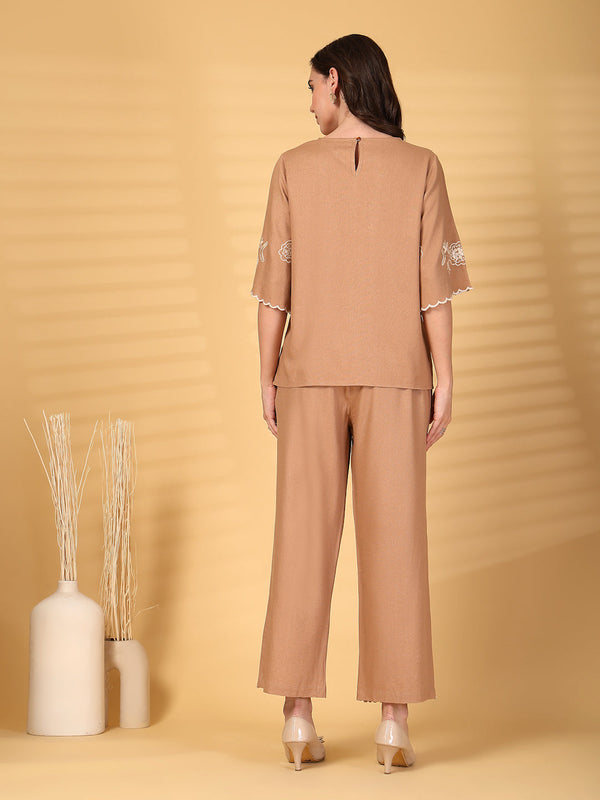 Gipsy Gipsy Khaki Embroidered Cotton Top With Pant Set