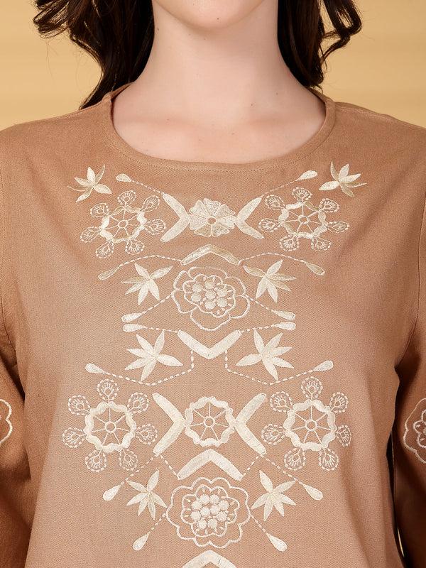Gipsy Gipsy Khaki Embroidered Cotton Top With Pant Set