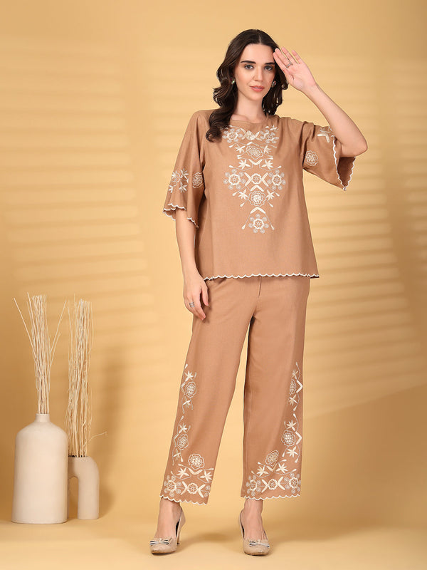 gipsy Gipsy Khaki Embroidered Cotton Top With Pant Set