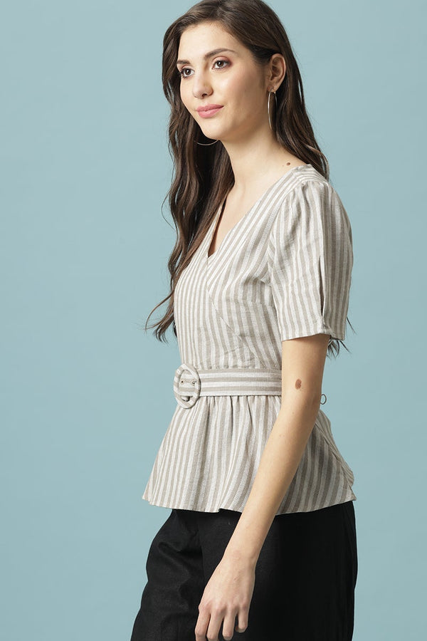 Gipsy Gipsy Khaki Medium Length V-Neck Cotton Blouse Khaki