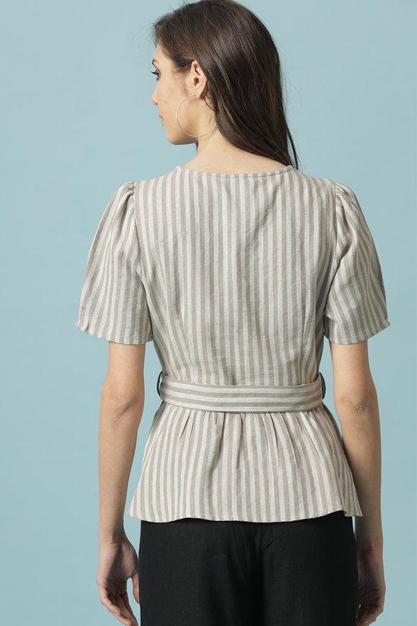 Gipsy Gipsy Khaki Medium Length V-Neck Cotton Blouse Khaki