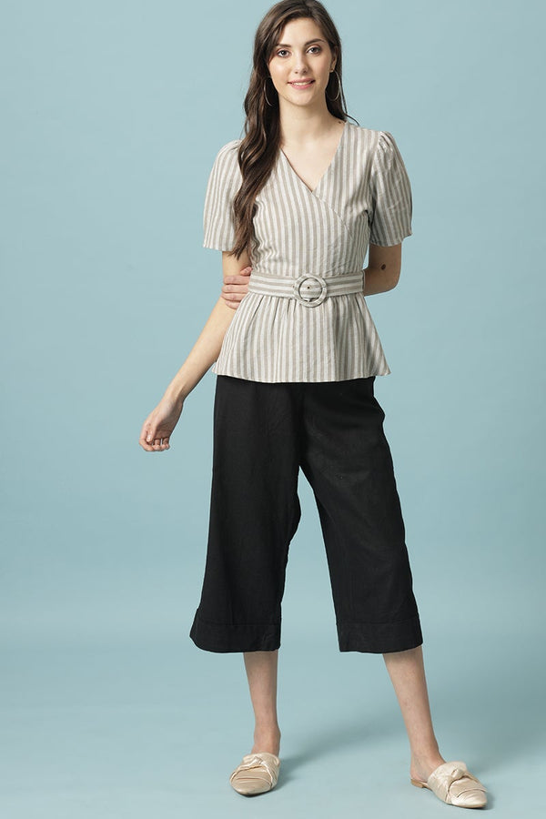 Gipsy Gipsy Khaki Medium Length V-Neck Cotton Blouse Khaki