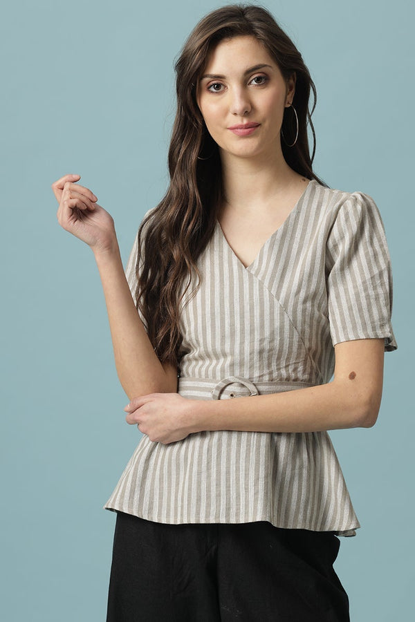 gipsy Gipsy Khaki Medium Length V-Neck Cotton Blouse Khaki