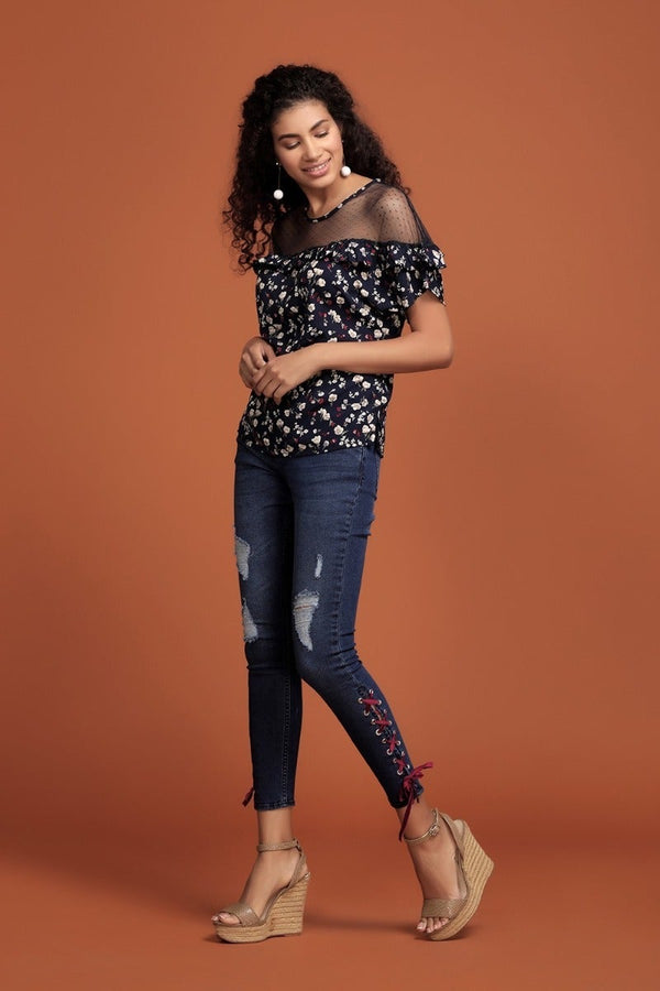 Gipsy Lace It Up Floral Top Blue