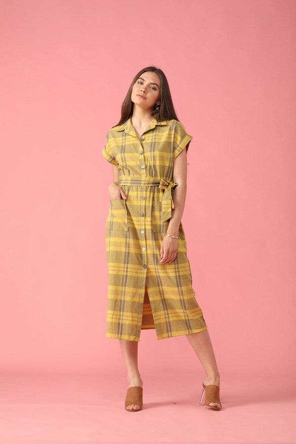 Gipsy Gipsy Lemen Yellow Checked Polyester Dress Yellow