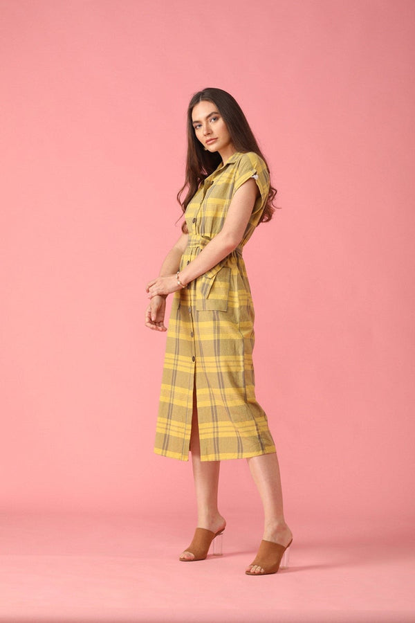 Gipsy Gipsy Lemen Yellow Checked Polyester Dress Yellow