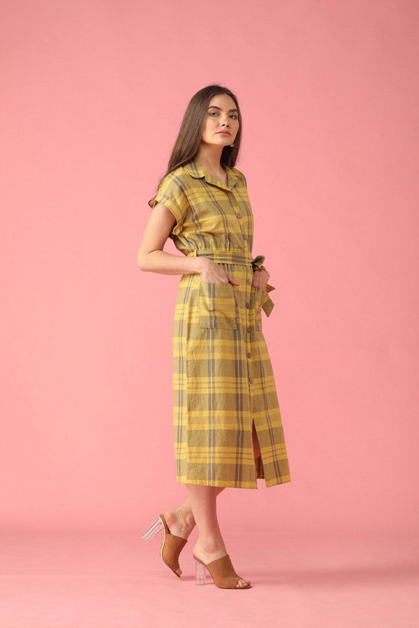 Gipsy Gipsy Lemen Yellow Checked Polyester Dress Yellow