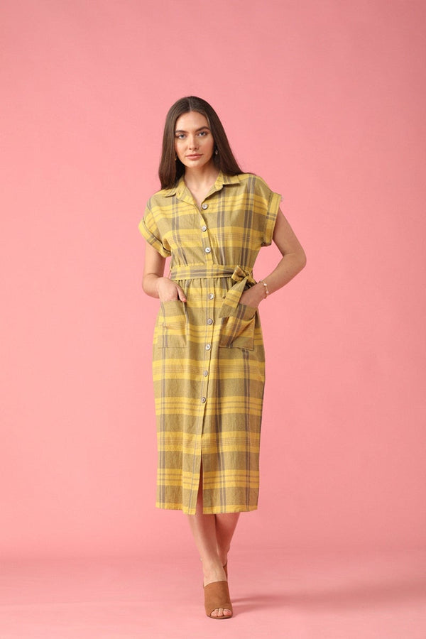 gipsy Gipsy Lemen Yellow Checked Polyester Dress Yellow