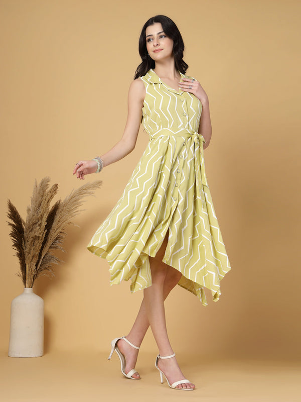 Gipsy Gipsy Lime Green Chevron Cotton Dress With Belt Lime Green