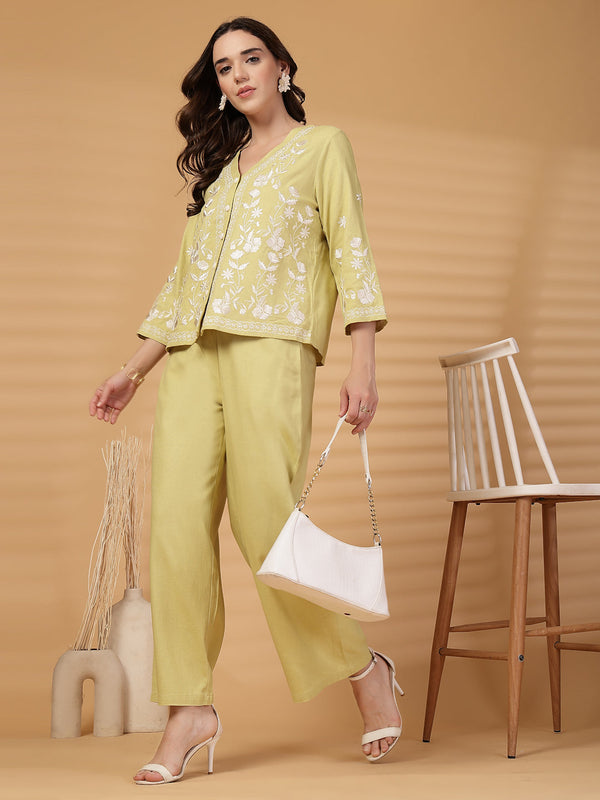 Gipsy Gipsy Lime Green Embroidered Cotton Top With Pants
