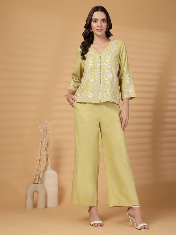 gipsy Gipsy Lime Green Embroidered Cotton Top With Pants