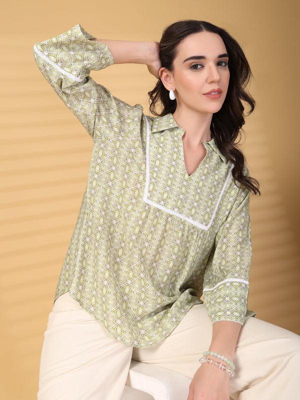 Gipsy Gipsy Lime Green Geometric Yoke Detailing Tunic