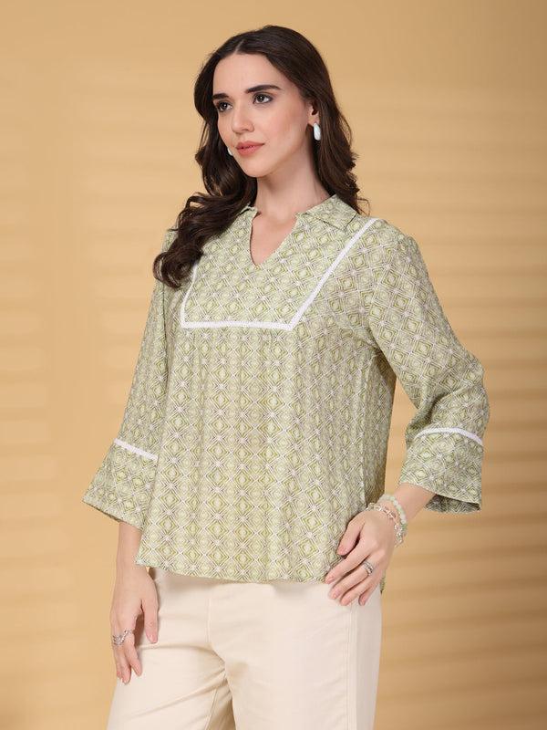 Gipsy Gipsy Lime Green Geometric Yoke Detailing Tunic