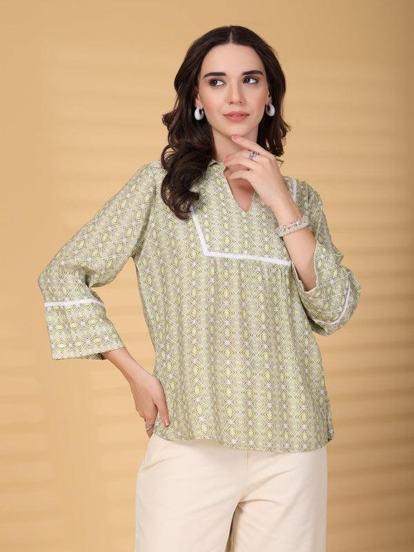 gipsy Gipsy Lime Green Geometric Yoke Detailing Tunic