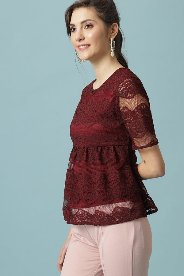 Gipsy Gipsy Maroon Medium Length Round Neck Polyester Blouse Maroon