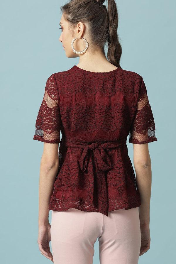 Gipsy Gipsy Maroon Medium Length Round Neck Polyester Blouse Maroon