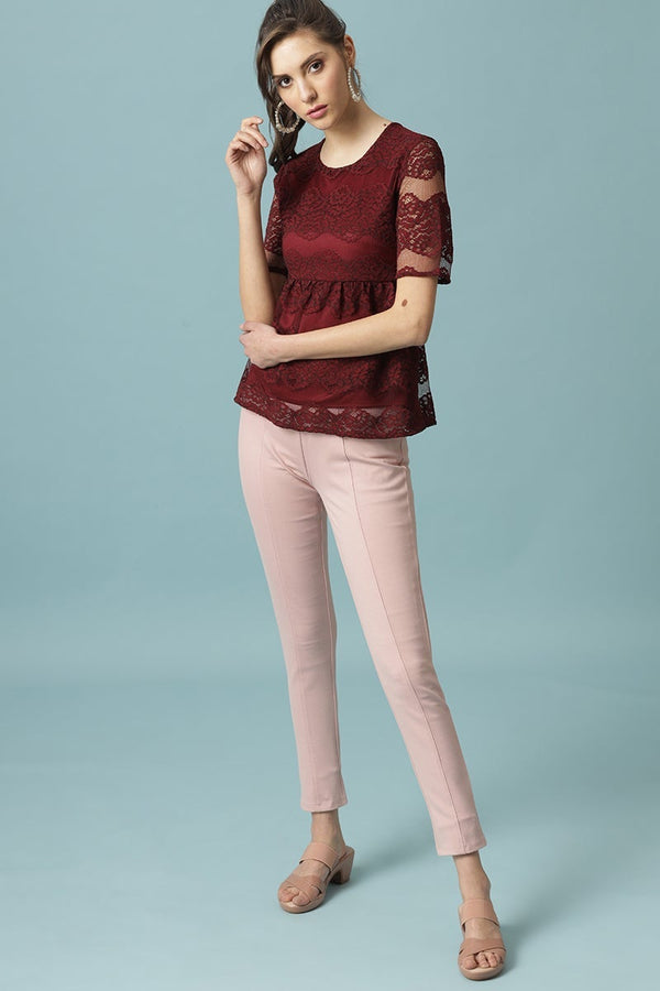 Gipsy Gipsy Maroon Medium Length Round Neck Polyester Blouse Maroon