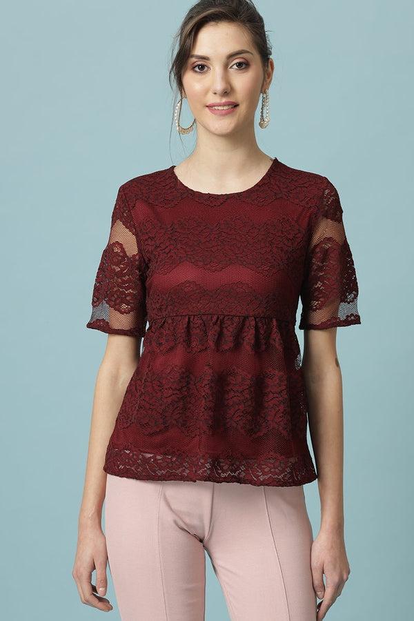 gipsy Gipsy Maroon Medium Length Round Neck Polyester Blouse Maroon