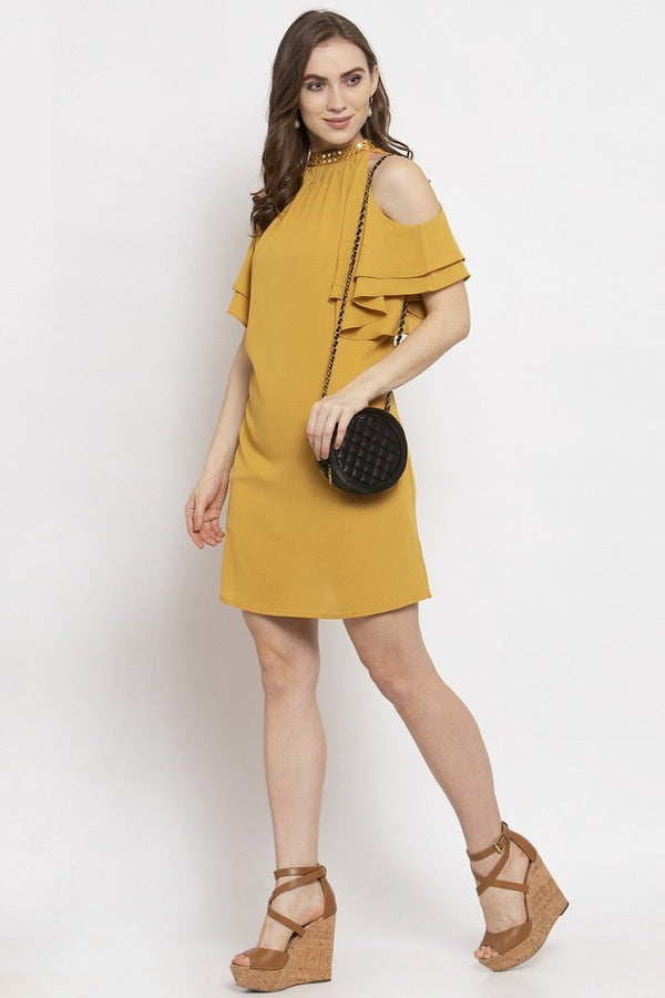 Gipsy Gipsy Mustard Embellished Solid Georgette Dress Mustard