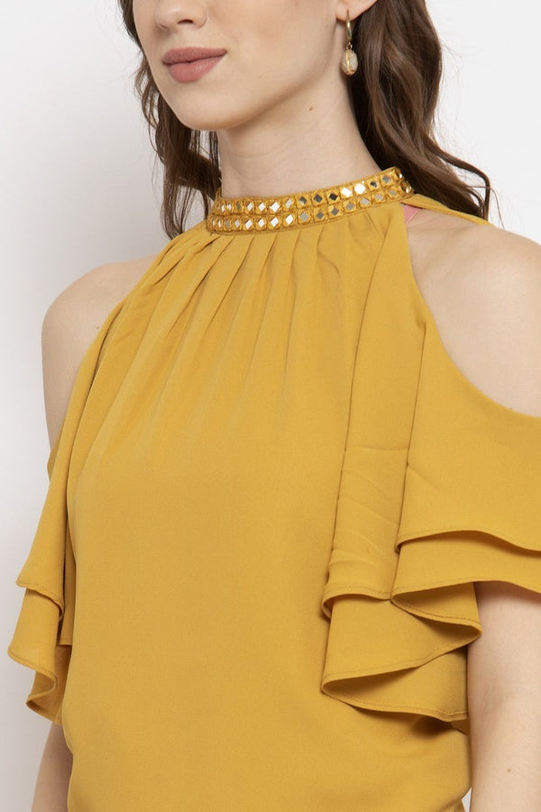 Gipsy Gipsy Mustard Embellished Solid Georgette Dress Mustard