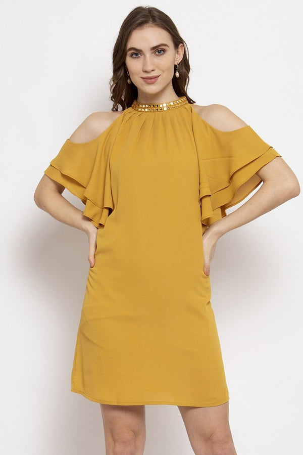 gipsy Gipsy Mustard Embellished Solid Georgette Dress Mustard