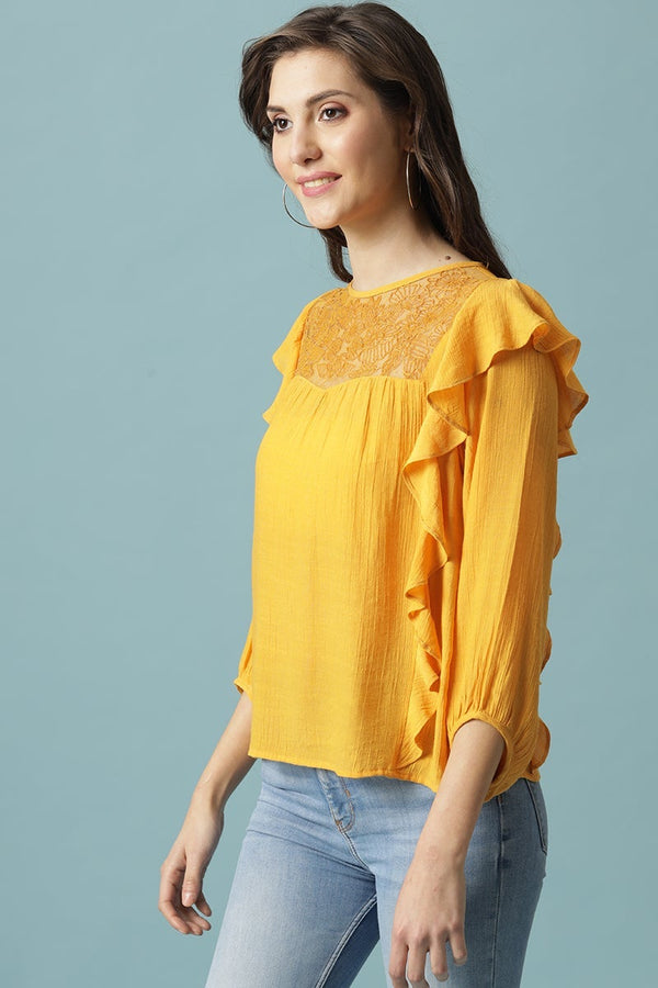 Gipsy Gipsy Mustard Medium Length Round Neck Polyester Blouse Mustard