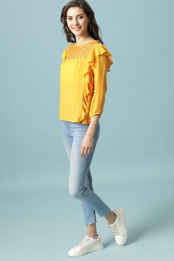 Gipsy Gipsy Mustard Medium Length Round Neck Polyester Blouse Mustard