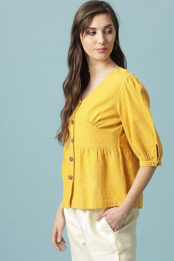 Gipsy Gipsy Mustard Medium Length V-Neck Cotton Blouse Mustard