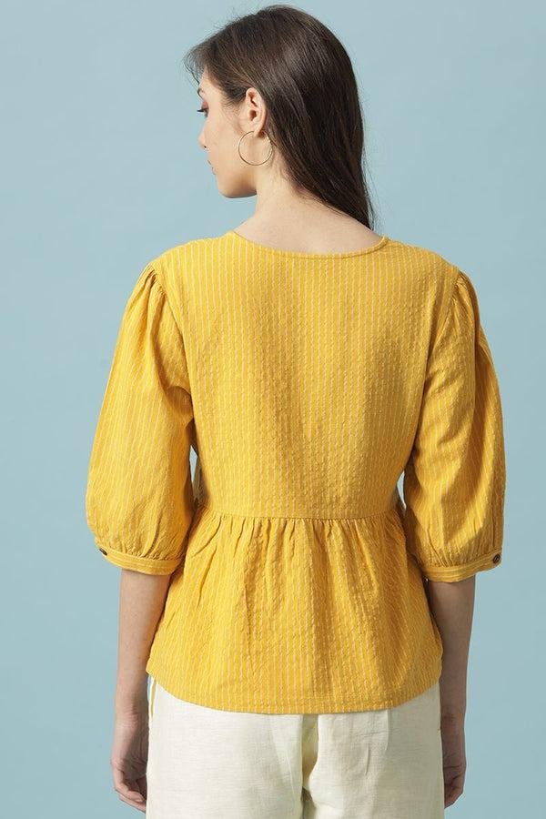 Gipsy Gipsy Mustard Medium Length V-Neck Cotton Blouse Mustard