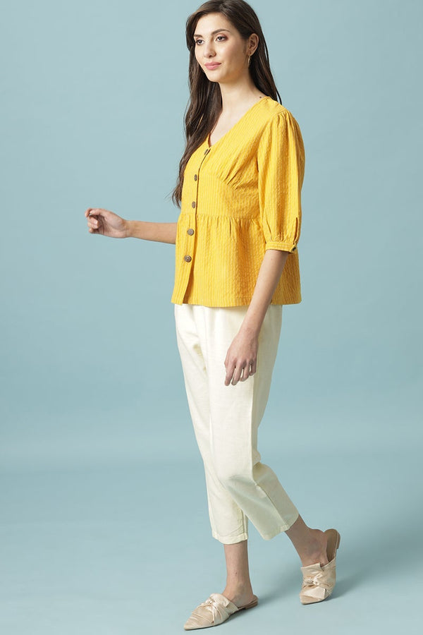 Gipsy Gipsy Mustard Medium Length V-Neck Cotton Blouse Mustard