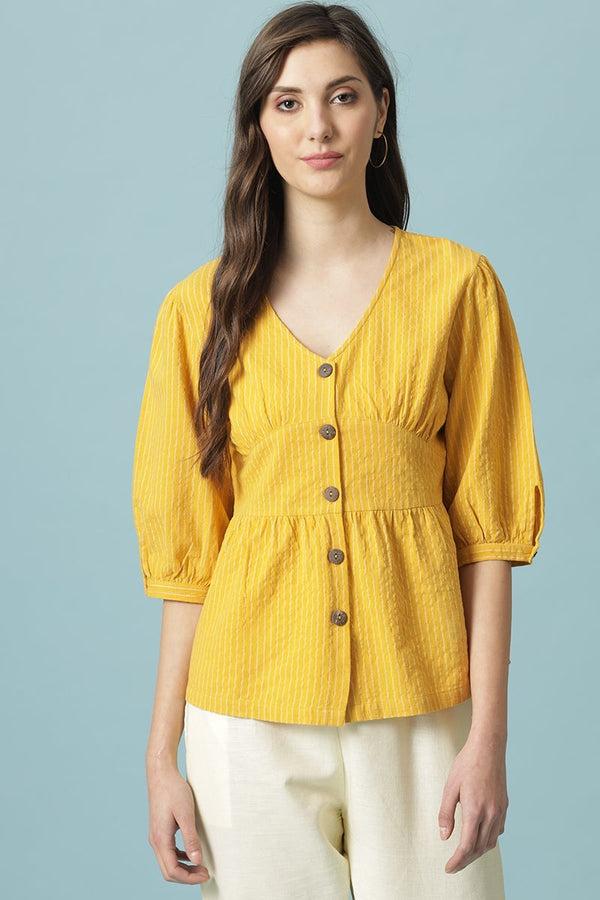 gipsy Gipsy Mustard Medium Length V-Neck Cotton Blouse Mustard