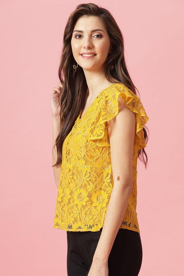 Gipsy Gipsy Mustard Medium Length V-Neck Polyester Blouse Mustard