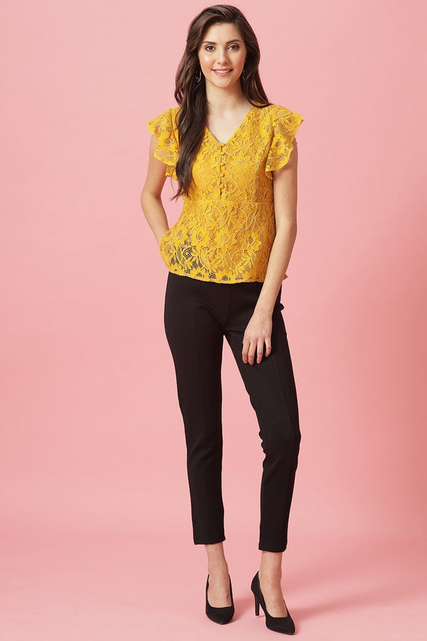 Gipsy Gipsy Mustard Medium Length V-Neck Polyester Blouse Mustard