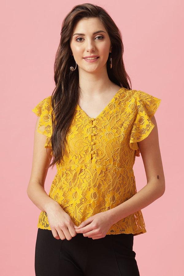 gipsy Gipsy Mustard Medium Length V-Neck Polyester Blouse Mustard
