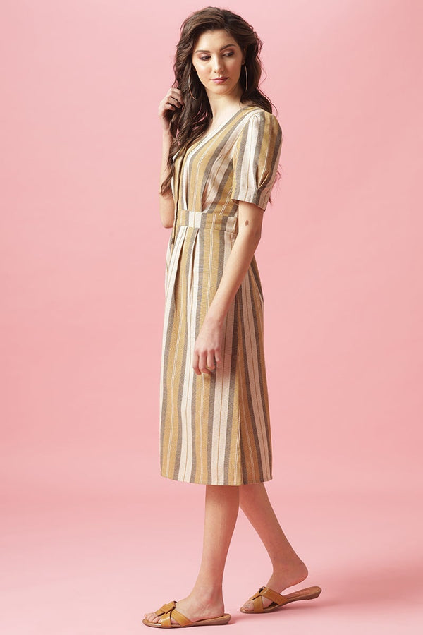 Gipsy Gipsy Mustard Midi Length V-Neck Cotton Dress Mustard