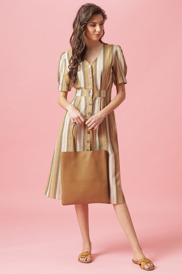 Gipsy Gipsy Mustard Midi Length V-Neck Cotton Dress Mustard