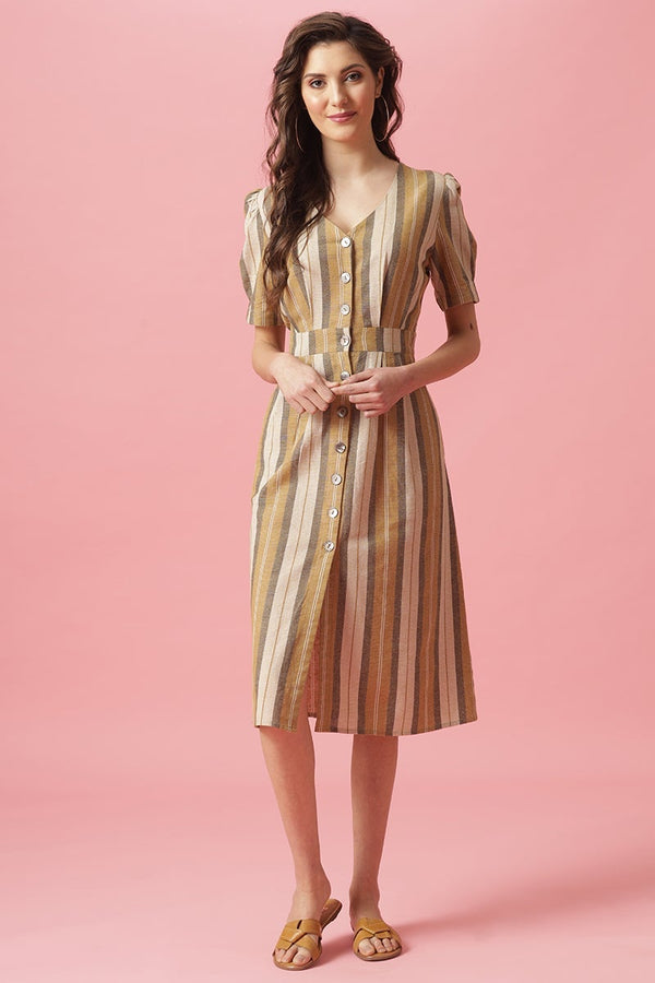 gipsy Gipsy Mustard Midi Length V-Neck Cotton Dress Mustard