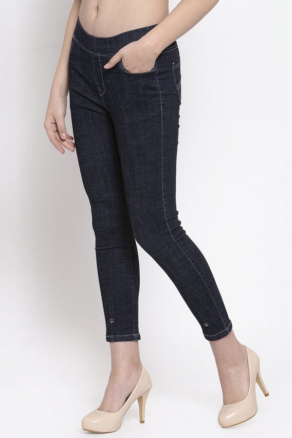 Gipsy Navy Blue Solid Cotton Jegging Navy