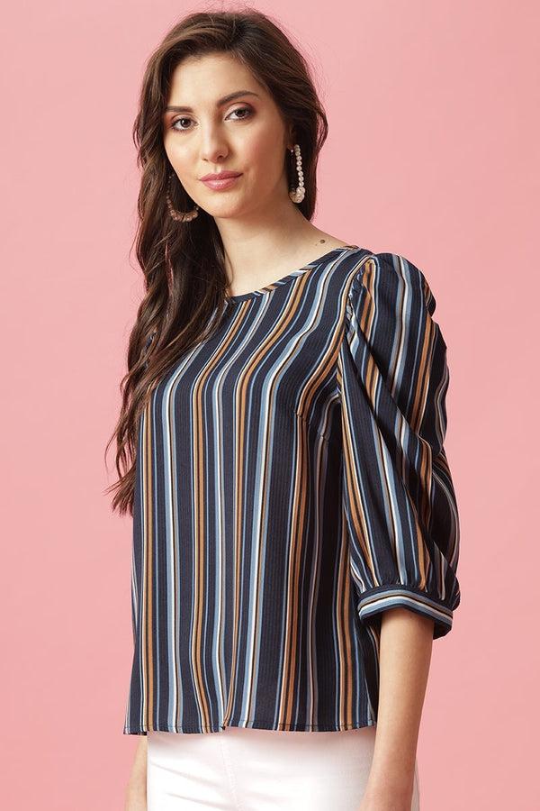 Gipsy Gipsy Navy Medium Length Round Neck Polyester Blouse Navy