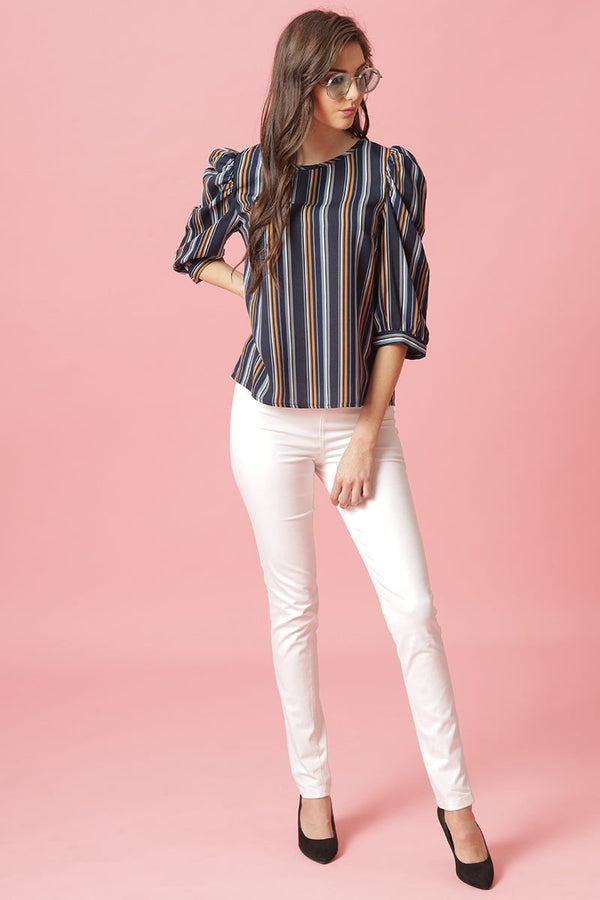 Gipsy Gipsy Navy Medium Length Round Neck Polyester Blouse Navy